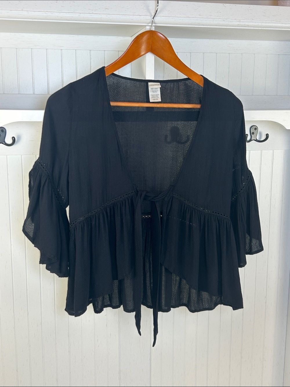 L*Space Lilly Black Tie Front Peplum Bell Sleeve Boho Blouse XS